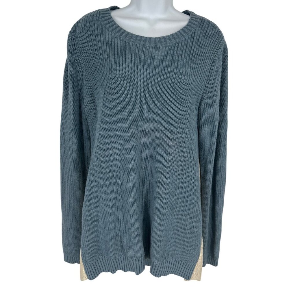 Lori Goldstein LOGO Blue Knit Sweater W/ Cream Lace Insets Women's Size L